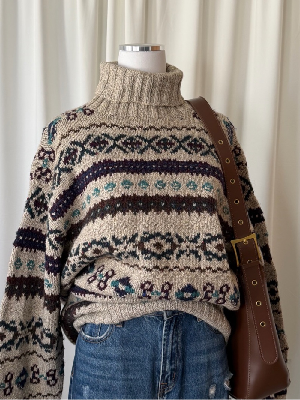 Vintage 1980’s POLO Ralph Lauren Hand knit Fair Isle turtleneck sweater large - Picture 7 of 13